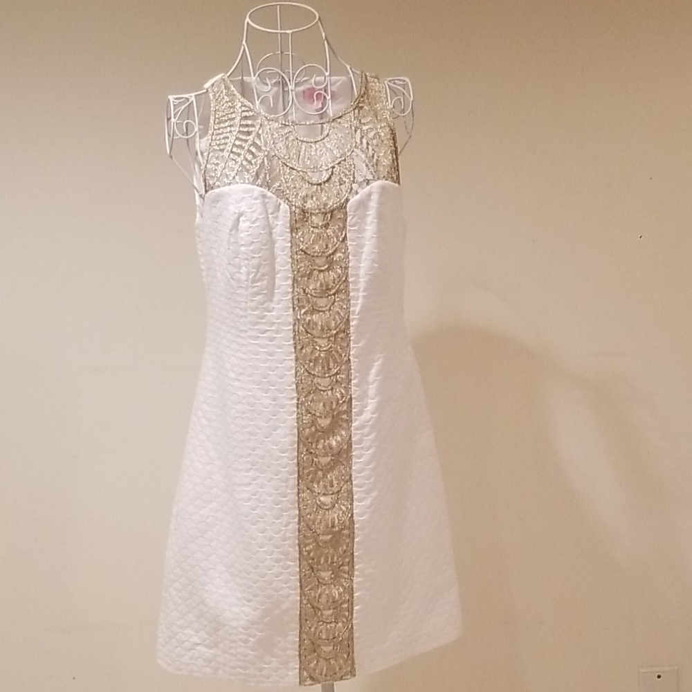 Lilly Pulitzer White Dress with Gold Embellished Front
